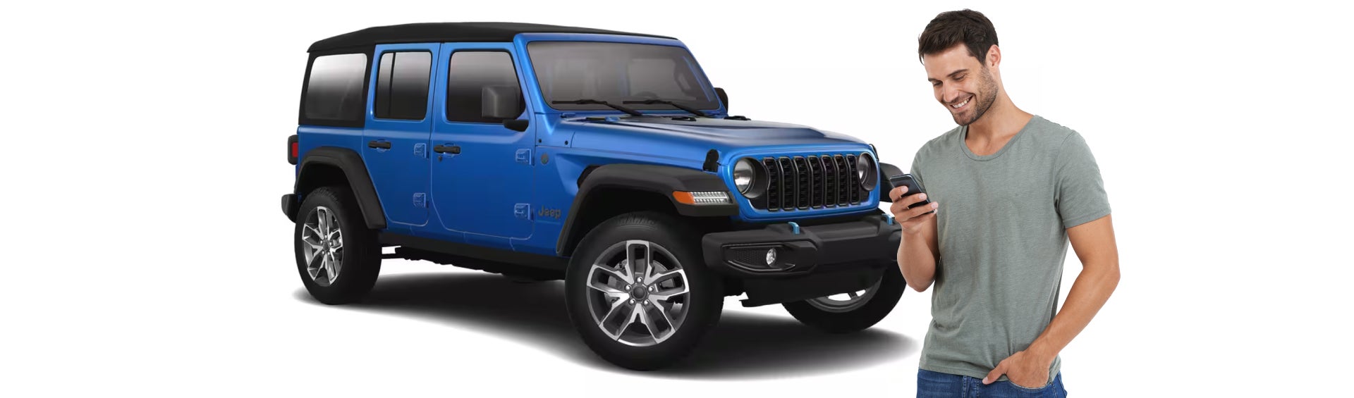 Man standing infront of Blue Jeep Wrangler